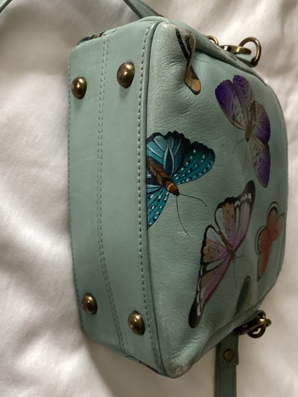 Anuschka Mint Leather Crossbody with Multicolor Butterfly Accents - Picture 2 of 5